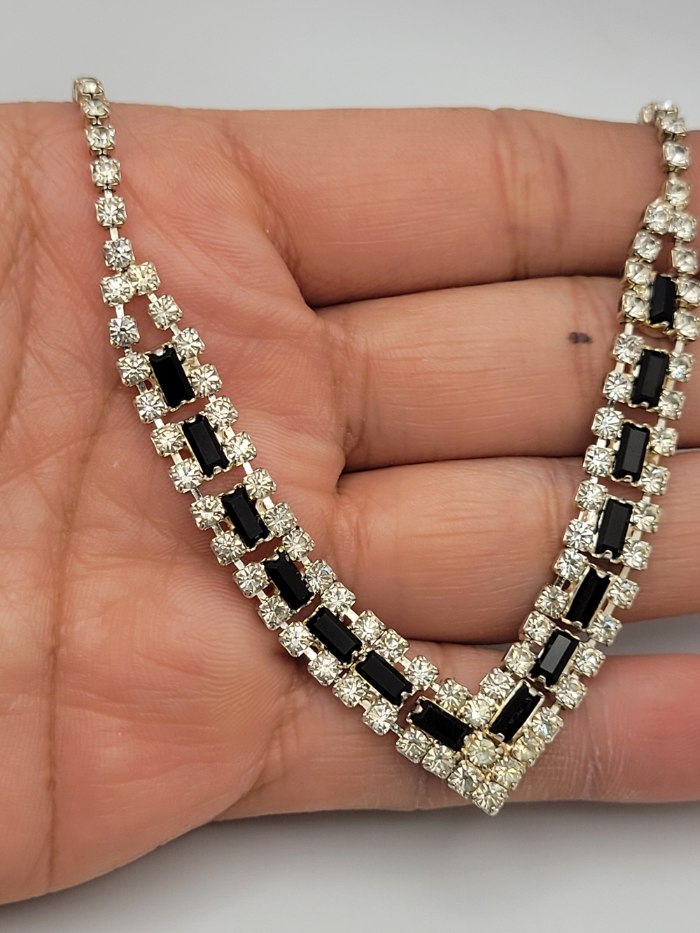 Vintage 1950s Rhinestone V Bib Necklace Black Clear Crystal Silver Tone 16.5"